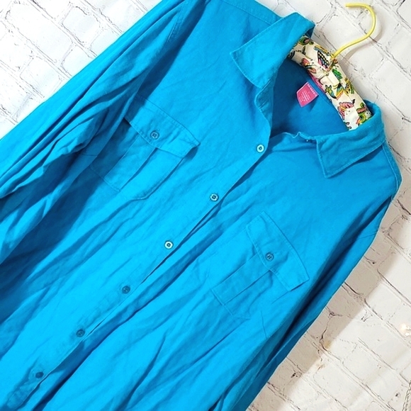 Woman Within Pool Blue Long Sleeve Plus Size Linen Blend Button Shirt Size Large - Picture 6 of 13